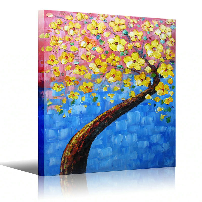 Palette Knife Painting "yellow Tree" Wall Decor flower oil Painting On Canvas yellow blue - Click Image to Close